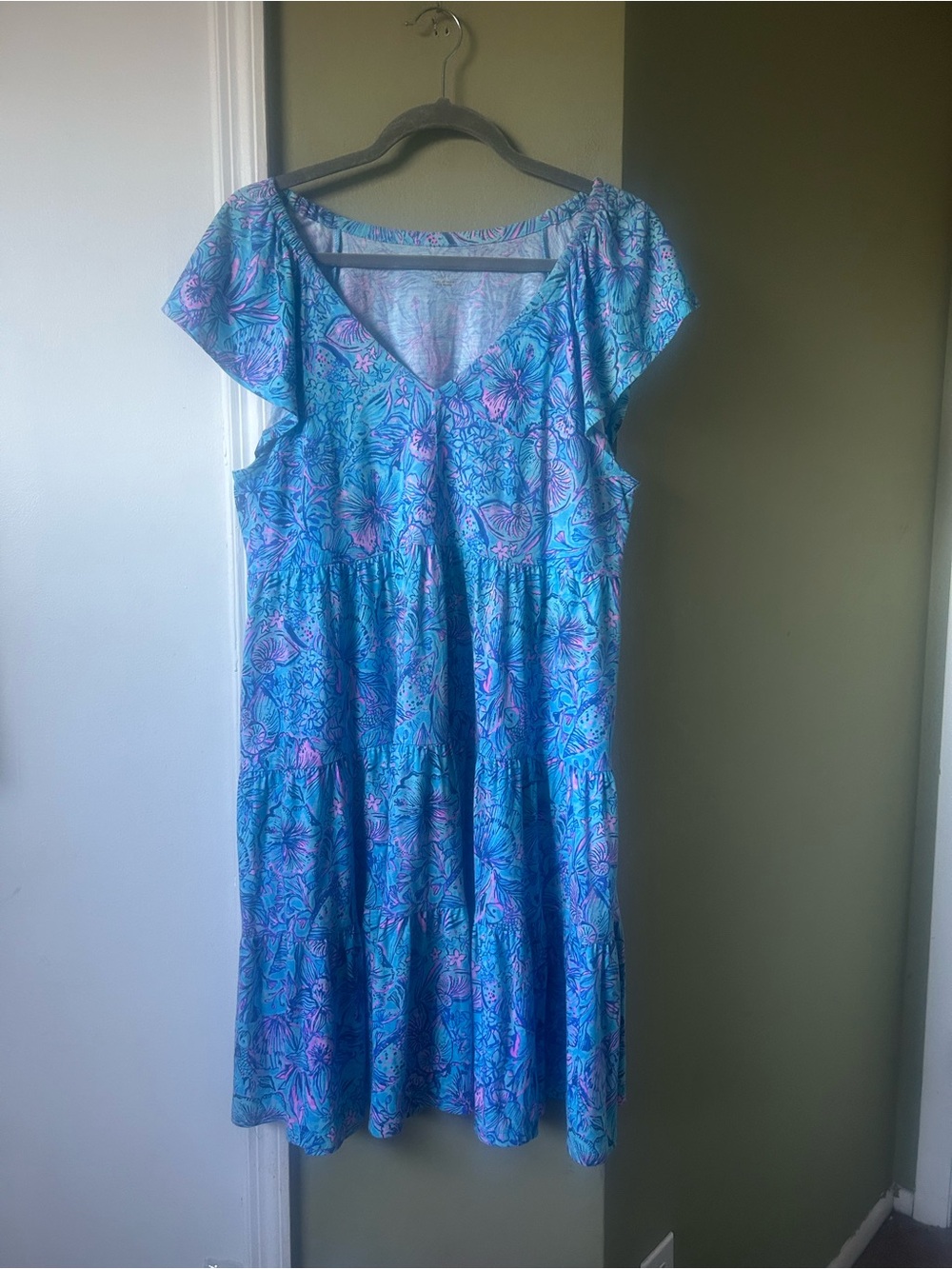 Lilly Pulitzer Blue & Pink Floral V-Neck Midi Dress
